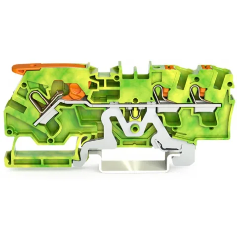 Bloc terminal de impamantare 3 conductori, cu maneta si buton, 4 mm Wago CAGE CLAMP 2104-5307, galben-verde / buc