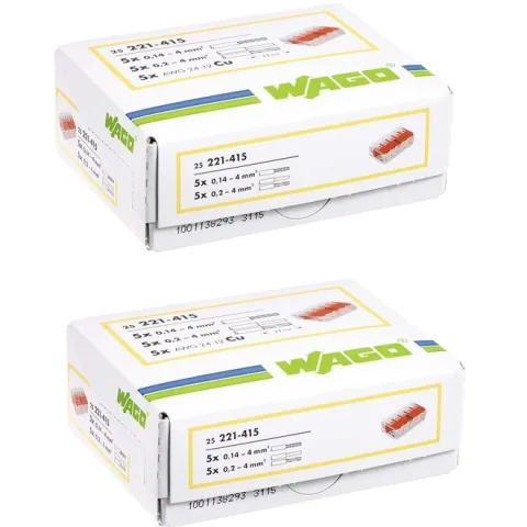 Set 50 bucati (2 cutii) cleme cu maneta 4mm2 5 pini max.32A Wago 221-415