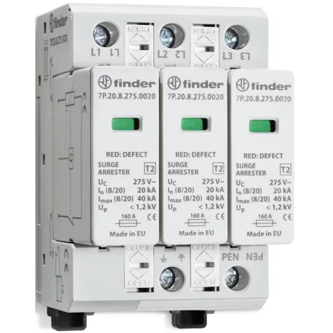 Descarcator de protectie pentru aplicatii fotovoltaice, Finder 7P.23.9.750.0020, Tipul 2, 3 varistoare, 750 VCC, 15kA