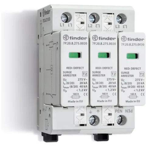 Descarcator la supratensiune fotovoltaic, 3+0, debrosabil fara semnalizare, 3P, tip C, 1020VDC Finder 7P.23.9.000.0015