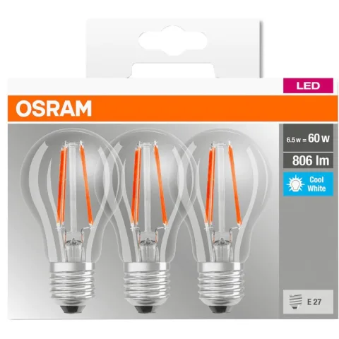 Set 3 becuri LED Osram Base Filament A60, E27, 6.5W (60W), 806 lm, lumina neutra (4000K) 4058075819535