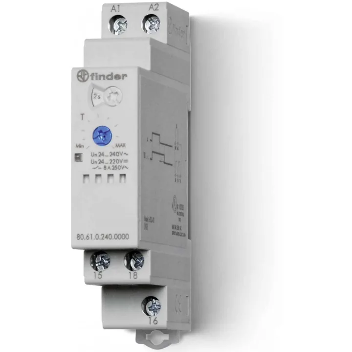 Releu de timp modular multi-tensiune, cu o singura functie de intarziere la declansare 24-230VAC, 8A, 1CO Finder 80.61.0.240.0000