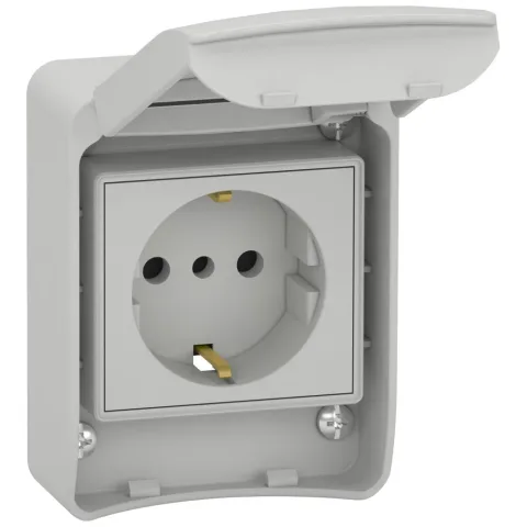 Priza Pratika aplicata cu capac 2P + E, 10/16 A, 250 V IP65 cu montaj in cofret Schneider 81141, gri