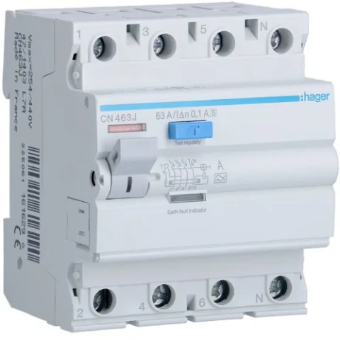 Intrerupator diferential RCCB 4P 63A, 100 mA, selectiv Hager CN463J