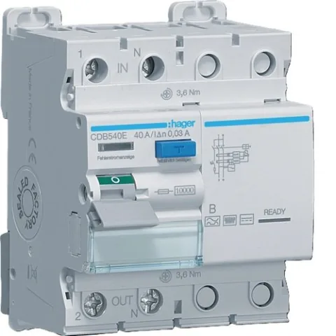 Intreruptor diferential RCCB Hager CDB540E, 1P+N, 10kA, 40A, 30mA, 4M, Tip B