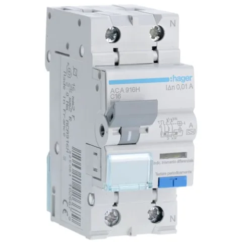 Intrerupator automat RCBO 1P+N 16A/10MA, C, 6KA, TIP A Hager ACA916H