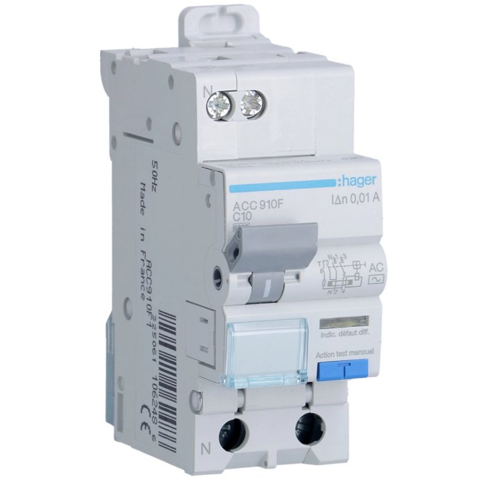 Disjunctor diferential 1P+N 10A/10mA Hager ACC910F
