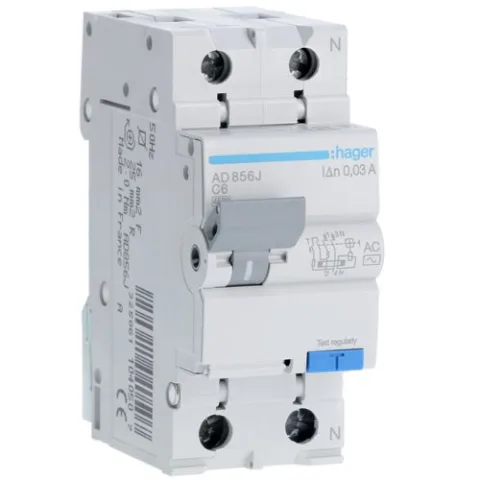 Disjunctor diferential RCBO 1P+N 6A/30mA curba C tip AC 4.5kA Hager AD856J