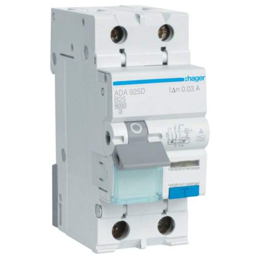 Disjunctor diferential RCBO 1P+N 25A/30mA, B, 6kA, tip A Hager ADA925D