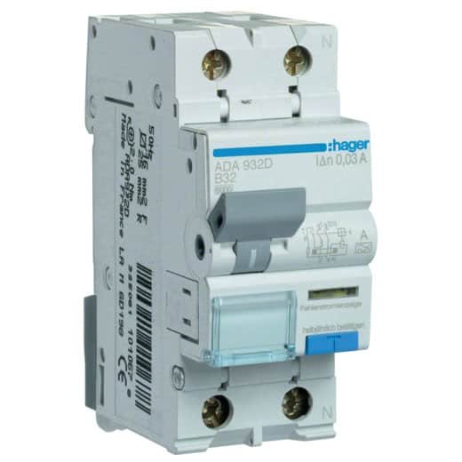 Disjunctor diferential RCBO 1P+N 32A/30mA, B, 6kA, tip A Hager ADA932D