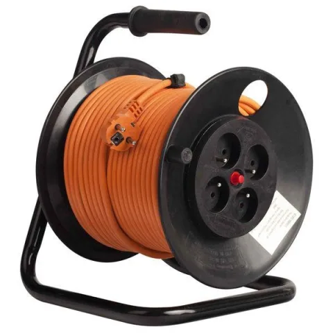 Derulator cu tambur Bachmann, 4prize, 50m, fisa Schuko dreapta ,protectii: suprasarcina, contact, termica, culoare portocalie B392.250