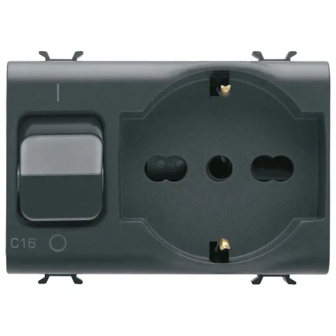 Priza bivalenta cu interblocare + siguranta automata 1P+N 16A Gewiss Chorus GW12312, negru satin