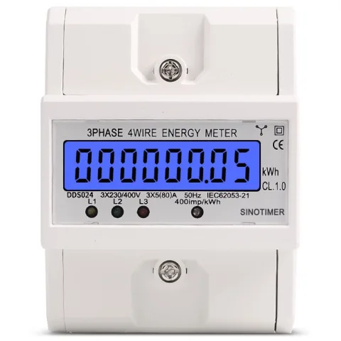 Contor de energie trifazic Sinotimer DDS024, 3P+N, 3 230/400V, 5(80)A, afisaj LCD, montaj sina DIN, Clasa 1.0