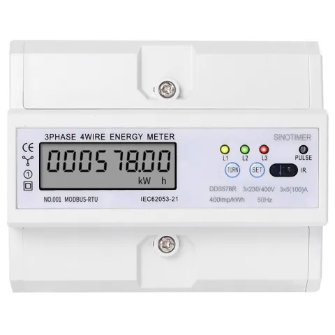 Contor trifazic de energie electrica, Sinotimer, 3x230/400V AC 50Hz, 3x5(100)A, ecran digital LED, DDS578R