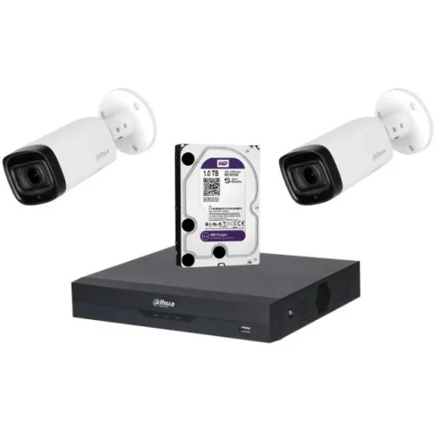 Sistem de supraveghere Dahua DH-2CEXT60M-5MP_HDD HDCVI cu HDD si 2 camere de exterior de 5MP, IR 60m, 2.7-12mm, microfon