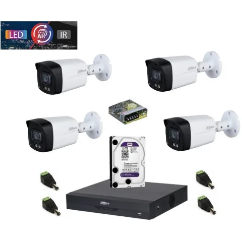 Sistem complet de supraveghere Dahua DH-4CEXT40MAIL-5MP HDCVI cu 4 camere de exterior de 5MP Smart Dual Illuminator 40m, microfon