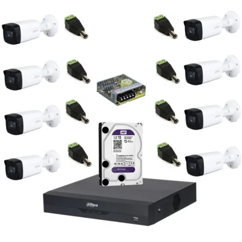 Sistem complet de supraveghere Dahua DH-8CEXT80M-5MPS HDCVI cu 8 camere de exterior de 5MP, IR 80m, Starlight, 16:9