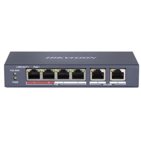 Switch 4 porturi PoE Hikvision DS-3E0106P-E-M, long-range 300m, 2x uplink, fara management
