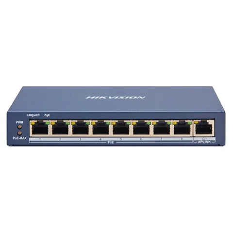 Switch 8 porturi PoE, 1 port uplink RJ45, SMART Management Hikvision DS-3E1309P-EI