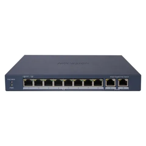 Switch 8 porturi PoE Gigabit Hikvision DS-3E1510P-EI, 2 porturi uplink Gigabit, Smart Management
