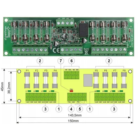 Modul cu 8 sigurante fuzibile independente EN54-LB4 pentru sursele RED certificate EN54, indicator optic pentru defectiuni