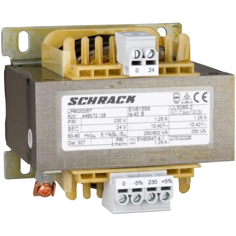 Transformator de comanda monofazat, 230V/24V, 250 VA, IP00 Schrack LP602025T