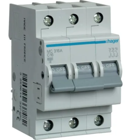 Siguranta automata 3P, 16A, 6kA, C, Hager MC316A