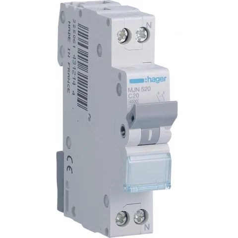 Siguranta automata 1P+N, 20A, curba C, 4.5kA Hager MJN520