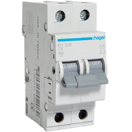 Siguranta automata 2P, 6A, 4,5kA, C, Hager MY206