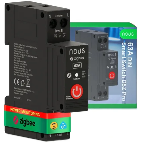Siguranta Smart NOUS D5Z Pro, 32A Continuu, 63A Varf Scurt, Zigbee 3.0, 1 canal, Masurare Energie (W, kWh, V, A), montare pe sina DIN, Power Metering
