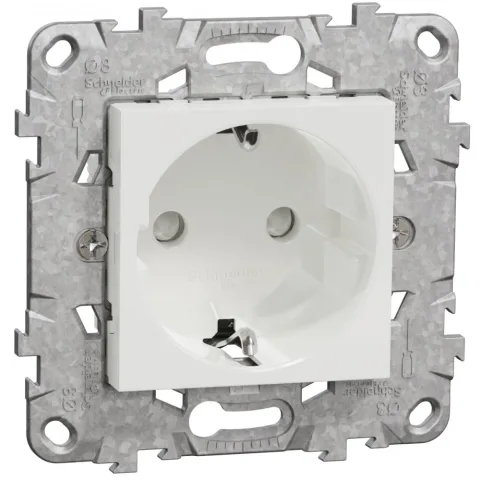 Priza 2P+E 16A, obturatoare, cu suport fixare si gheare Schneider Noua Unica NU503718Z, alb