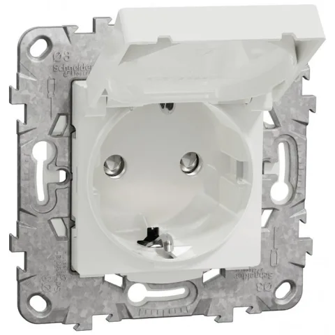 Priza 2P+E 16A IP44+suport fixare, cu capac, obturatoare Schneider Noua Unica NU508218, alb