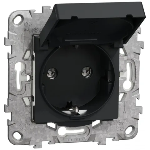 Priza 2P+E 16A IP44+suport fixare, capac, obturatoare Schneider Noua Unica NU508254, antracit