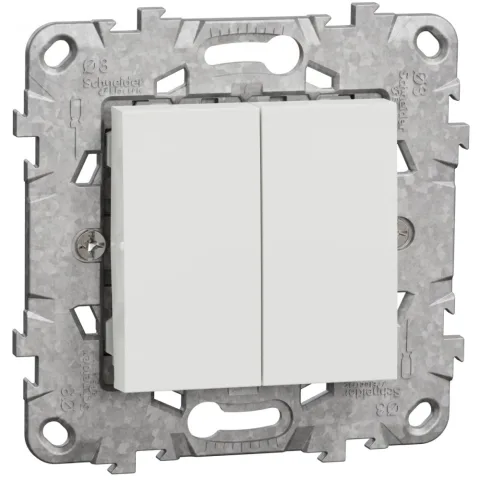 Intrerupator dublu 10A cu suport fixare si gheare Schneider Noua Unica NU521118Z, alb