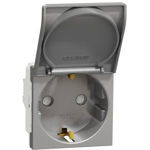 Priza 2P+E 16A cu capac si obturatoare Schneider Noua Unica NU303730TA, aluminiu