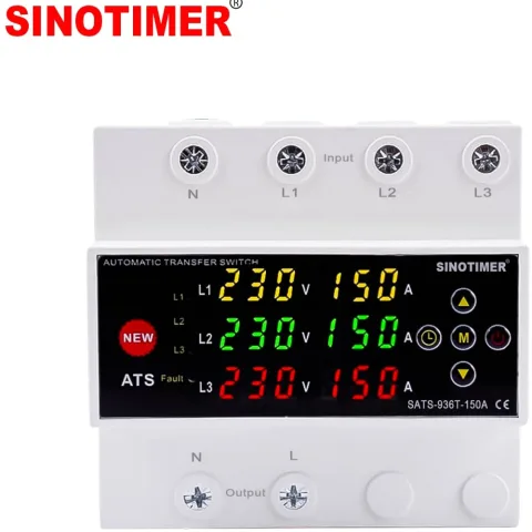 Comutator automat surse trifazat SINOTIMER SATS-936T-150A, 150A, 230/400V, ATS 3 surse (retea, invertor, generator), revenire L1