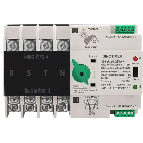Comutator de transfer, PV, 4P cu sina DIN, SINOTIMER, comutatoare de selectie automata de transfer cu dubla alimentare, 125A SATS-125PV/4P