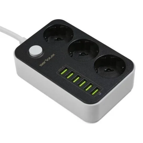 Prelungitor cu protectie Serioux, 3 prize schuko, input 100-240V, 50- 60Hz, output (Total): 2500W - 10A, 6 porturi USB, USB Output SRXP-PS36B