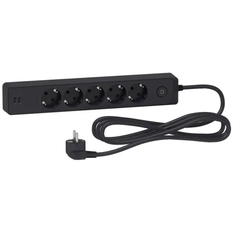Prelungitor Unica 2P+E, 5 prize + 2 USB + intrerupator, 3m, antracit Schneider ST945U3B