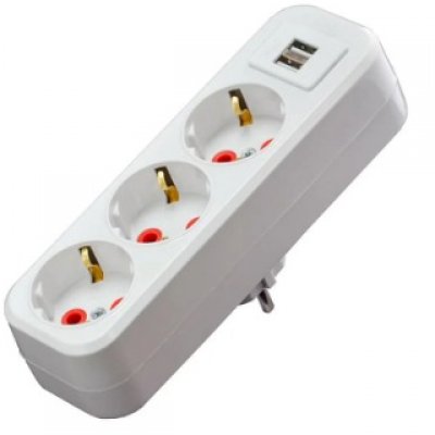 Stecher triplu Schuko Starke ST01410, 16A 2P+E cu 2xUSB alb