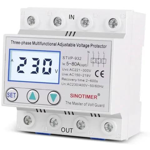 Releu trifazic, siguranta digitala de protectie tensiune, Sinotimer, 380V, 50A, recuperare automata, STVP-932-50A