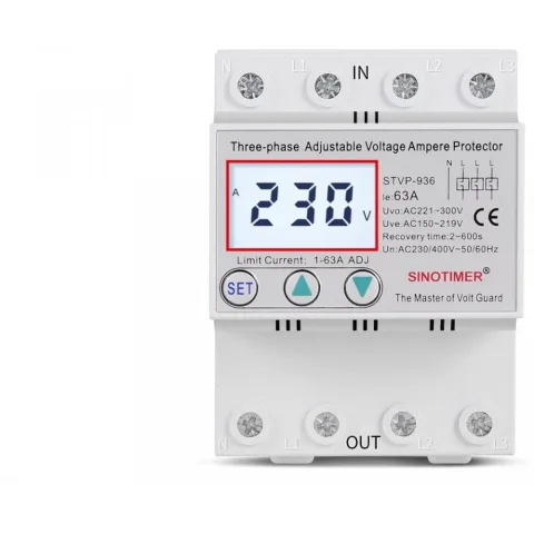 Releu TRIFAZIC siguranta digitala de protectie tensiune, Sinotimer, 380V, 1-63A, STVP-936-63A, recuperare automata