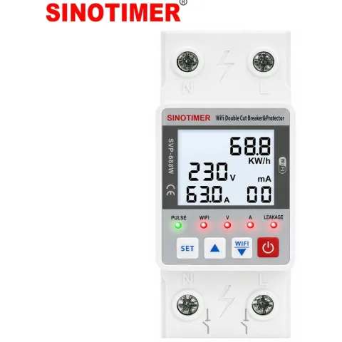 Intrerupator inteligent, dubla deconectare, WiFi Sinotimer SVP688W-63A2, 63A, consum energie, diferential si temperatura
