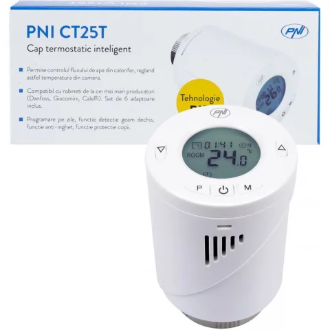 Cap termostatic inteligent PNI CT25T pentru calorifer, se conecteaza fara fir cu Hub PNI CT25WIFI cu control prin Internet, aplicatie de mobil Tuya Sm