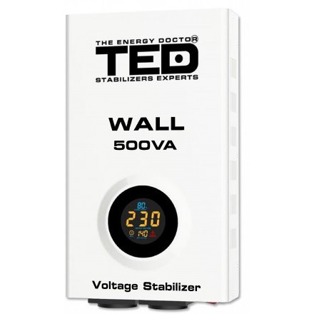 Stabilizator retea AVR maxim 500VA, 300W, LCD, 2 iesiri schuko, prindere pe perete, TED002174