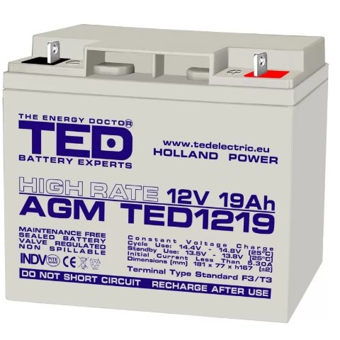 Acumulator AGM VRLA High Rate TED1219, 12V, 19Ah, F3