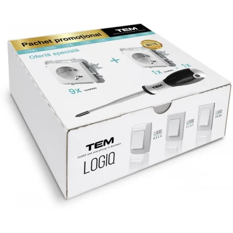 Pachet promotional Logiq Flat priza simpla 9+1 cu surubelnita cadou TEM-VQ10PWXORO-A
