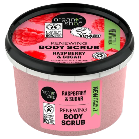 Scrub de corp cu zahar si zmeura Raspberry Cream, 250ml, Organic Shop