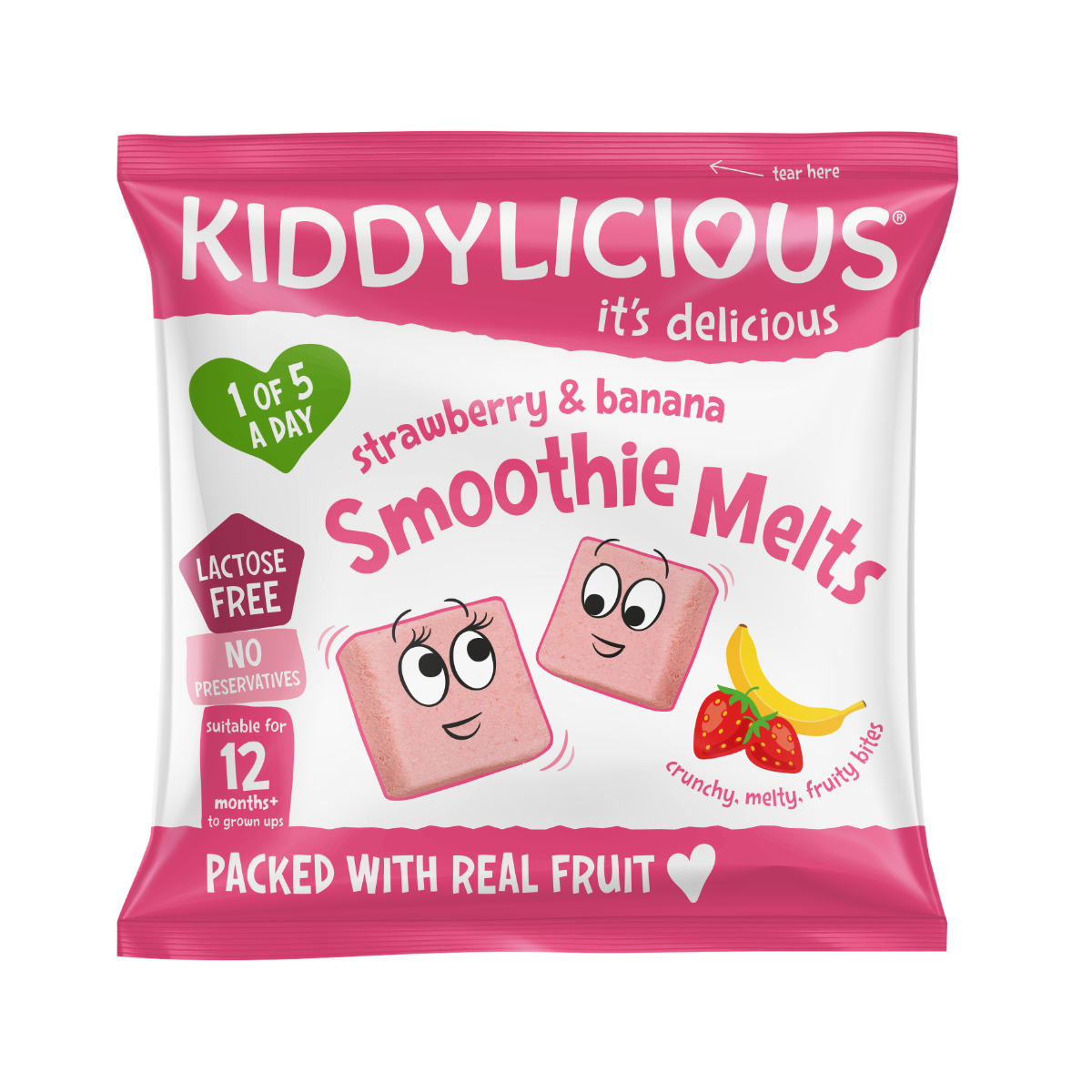 Gustare din bucati de piure de fructe cu capsuni si banane +12 luni, 6g, Kiddylicious