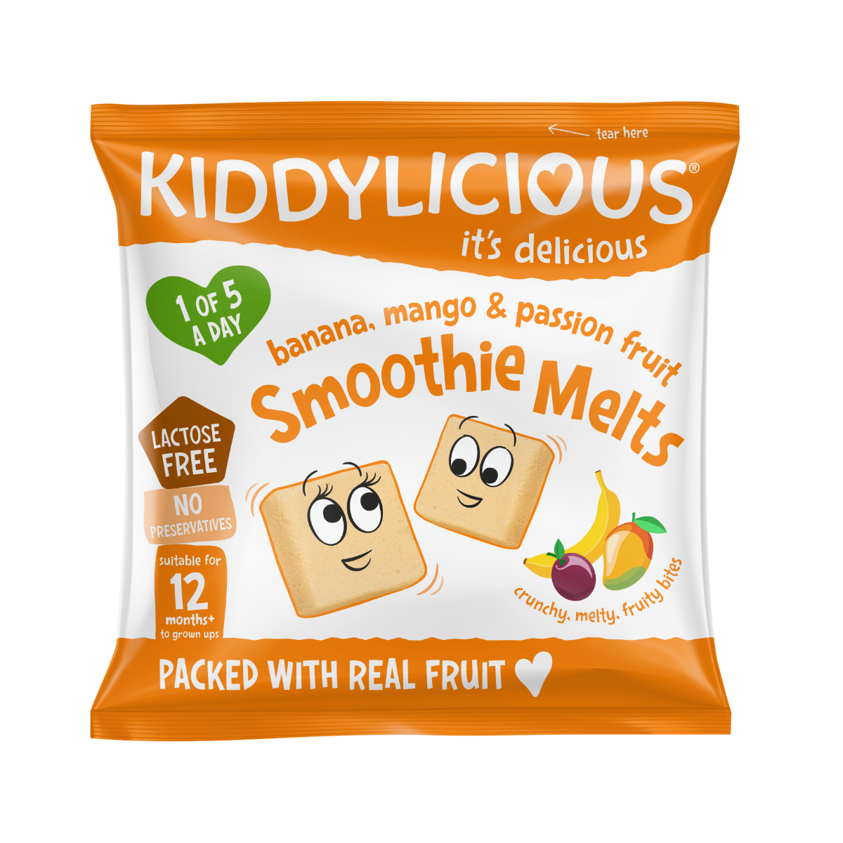 Gustare din bucati de piure de fructe cu banana mango si fructul pasiunii +12 luni, 6g, Kiddylicious
